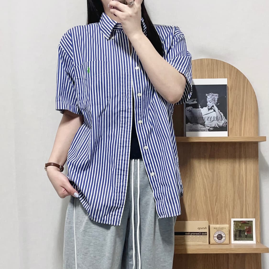 [정품] 폴로 네이비 / 그린포니 스트라이프 반팔셔츠 [ M ] 상품이미지1