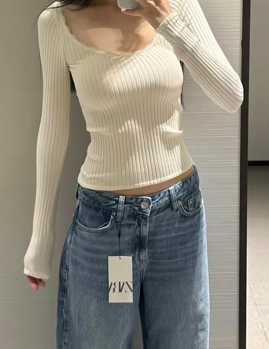 ZARA 자라 레이스 리본 심리스 티셔츠, 자라 레이스 티셔츠 아이보리 상품이미지2
