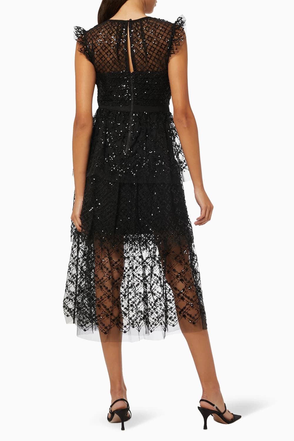 Black grid sequin tiered midi dress UK8 상품이미지3