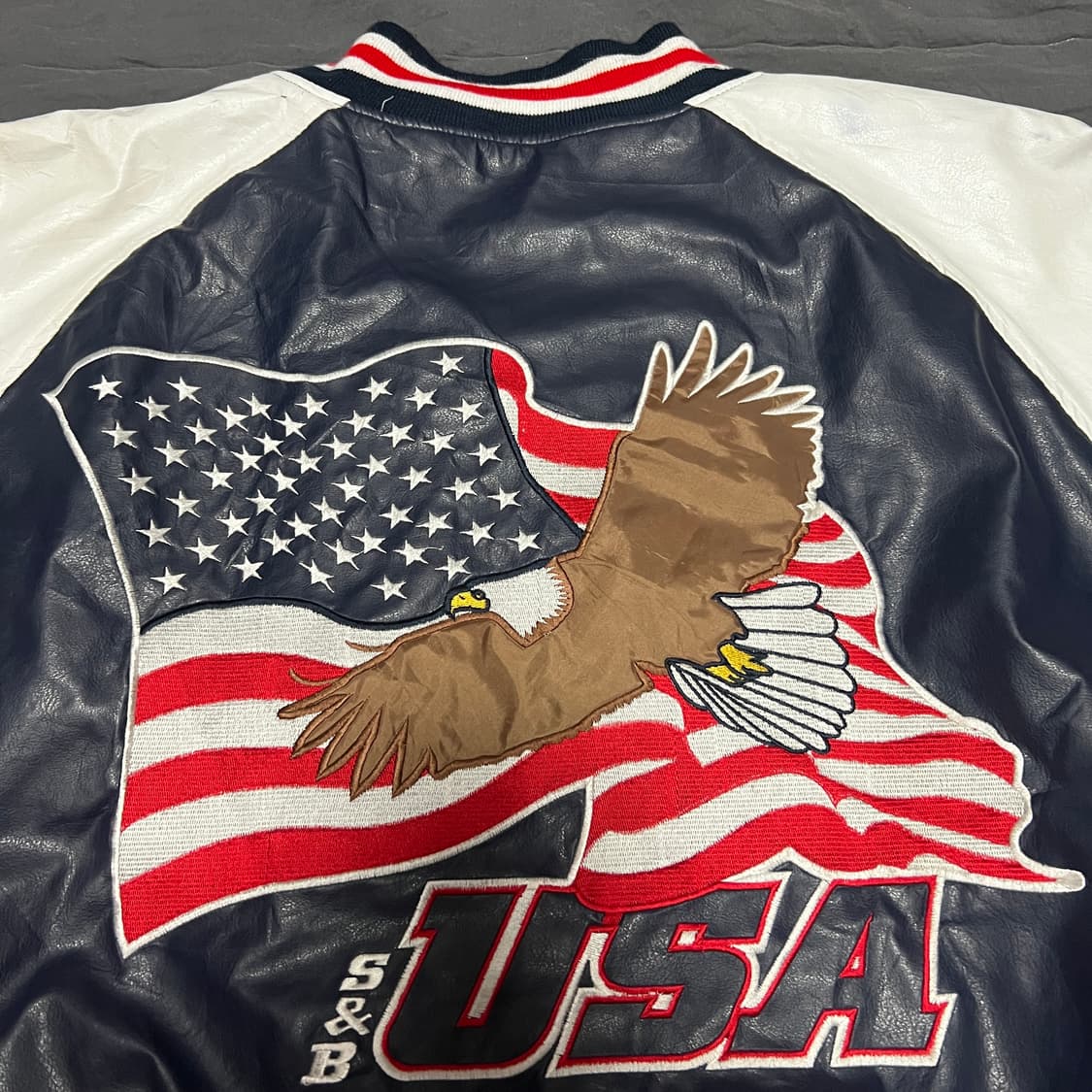 USA 성조기, 독수리 자수 소가죽 레더 바시티 상품이미지4