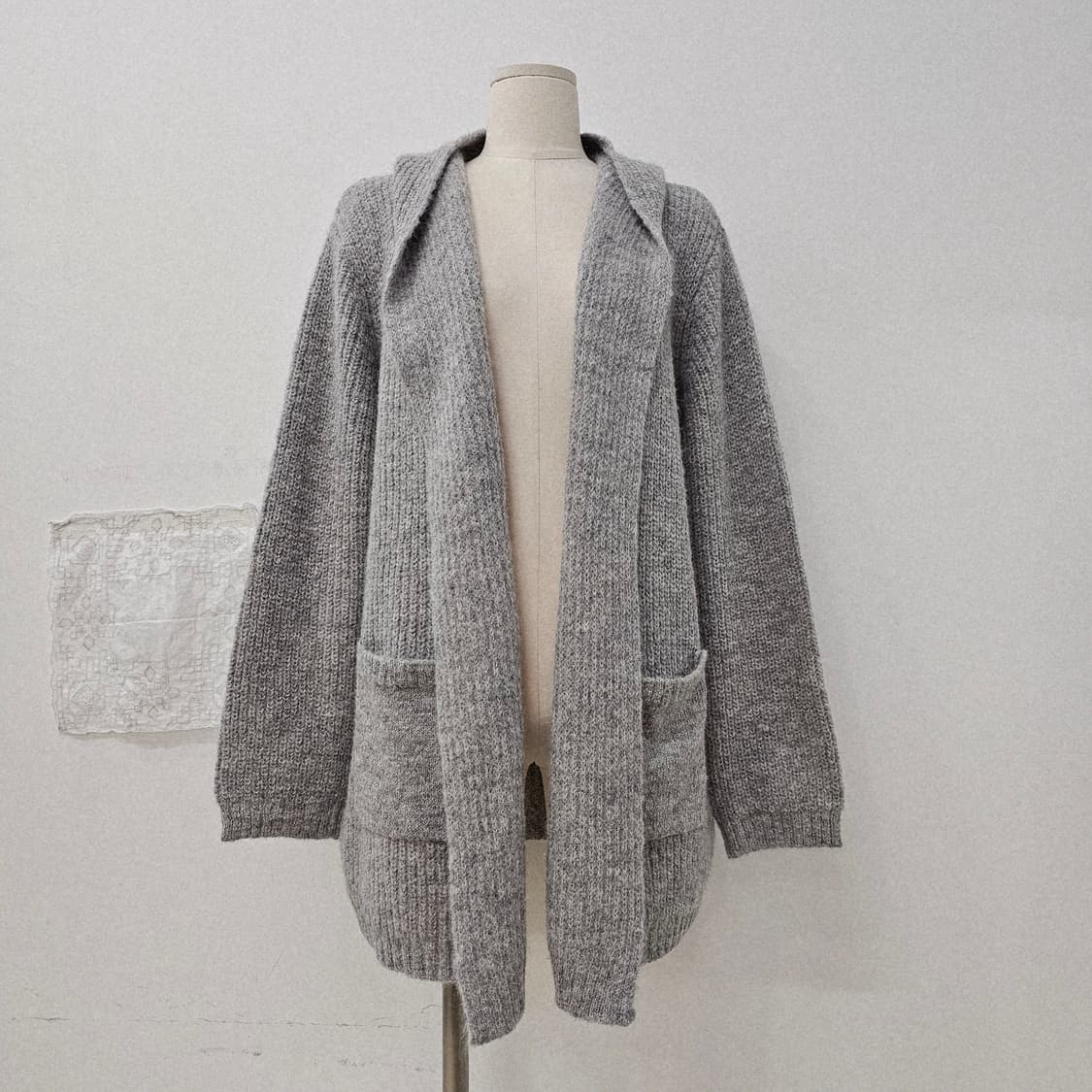 페루산 고급 알파카 후드 니트 그레이 가디건 상품이미지1