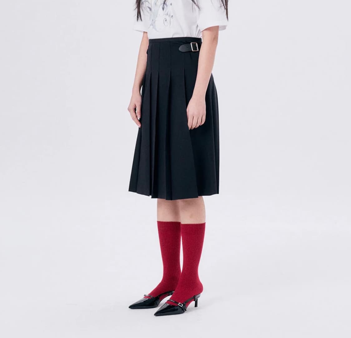 할로미늄 미디 플리츠 랩 스커트 3 네이비 상품이미지1