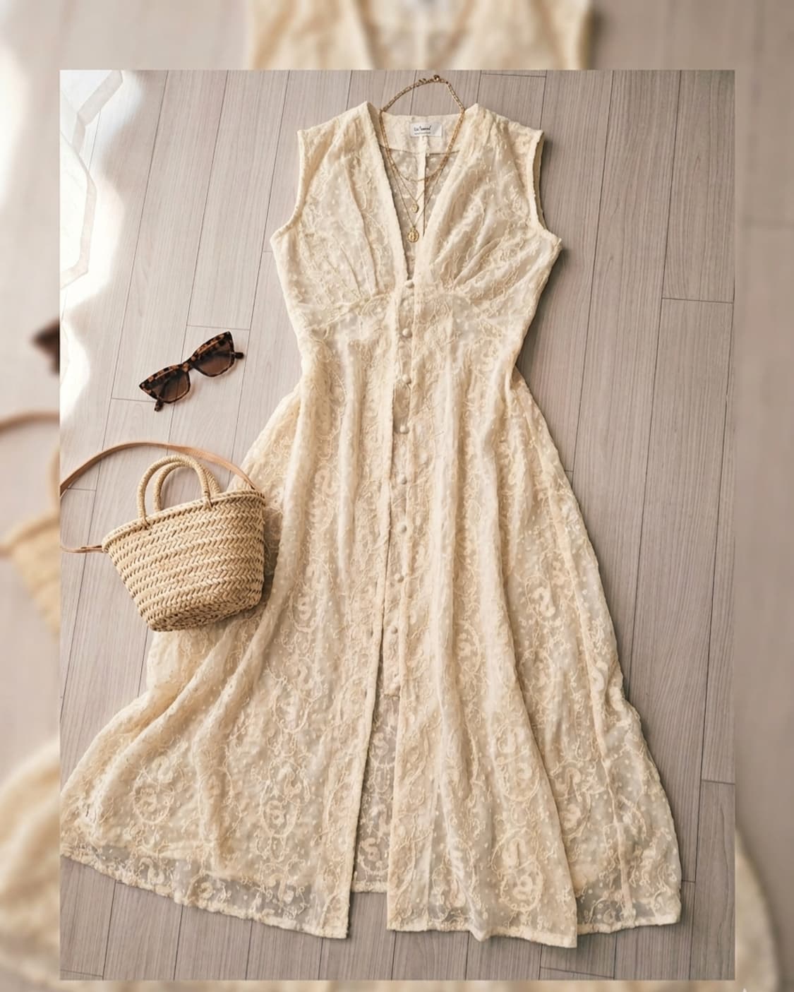 레이스 자수 레이어드 롱 로브 (화이트/아이보리) 상품이미지1