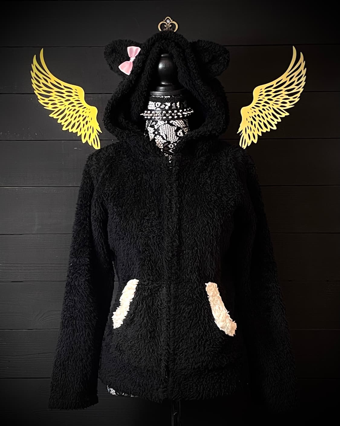 PEACH SALON 피치 살롱 네코미미 리본 고양이 귀 블랙 후드집업 상품이미지1