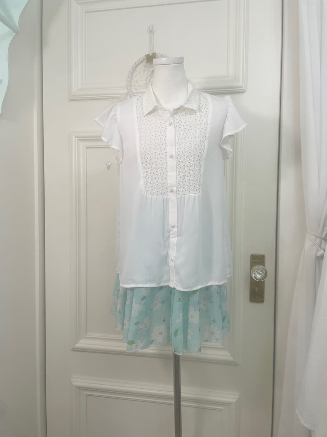 mint white flower banding midi skirt 상품이미지6