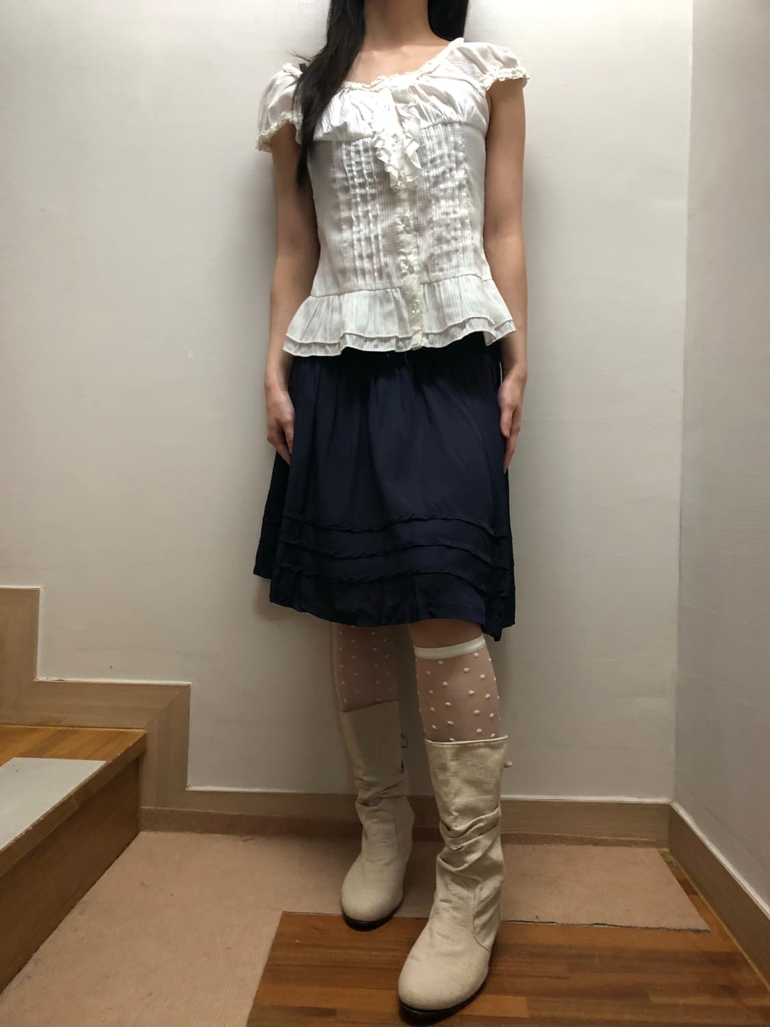 빈티지 네이비 프릴 미디 스커트 상품이미지3