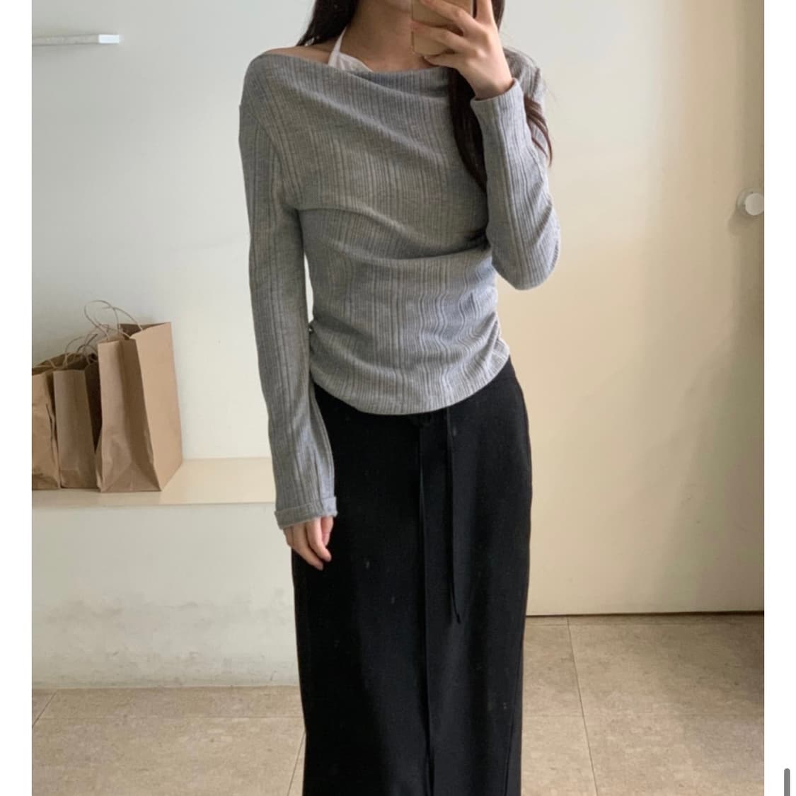 보세 오프 홀더 레이어드 니트 티셔츠 상품이미지2