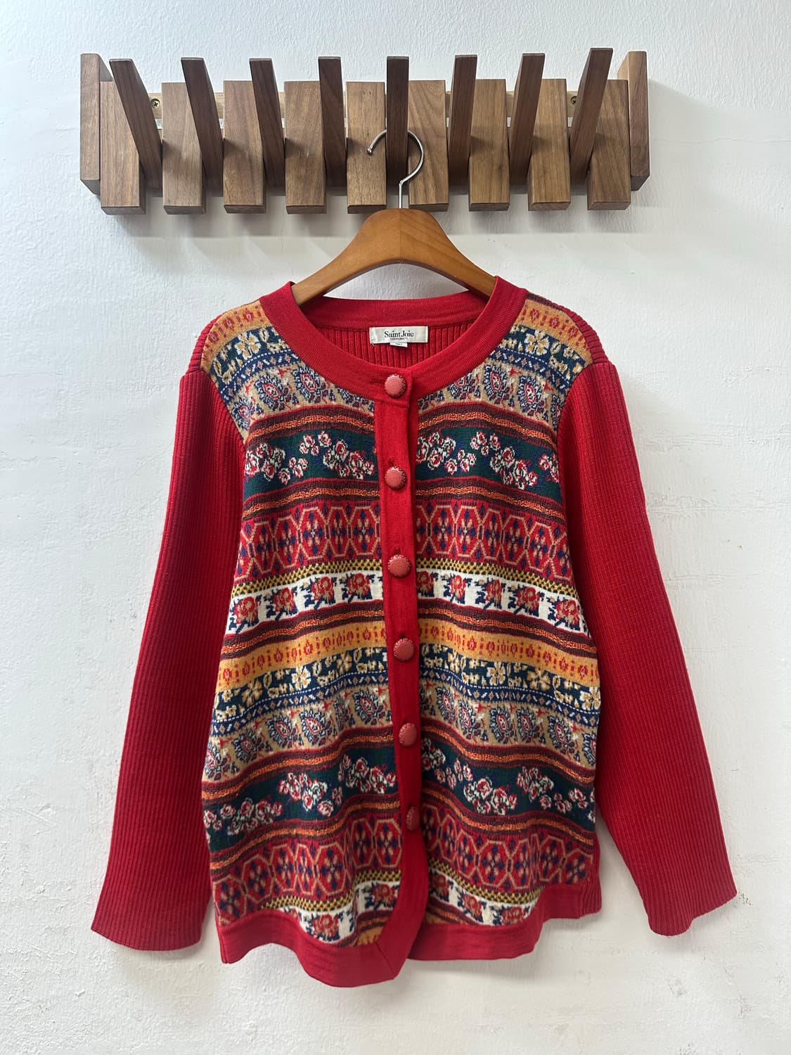 일본빈티지 울100% 페어아일 패턴 커버드 버튼 니트 가디건 상품이미지1