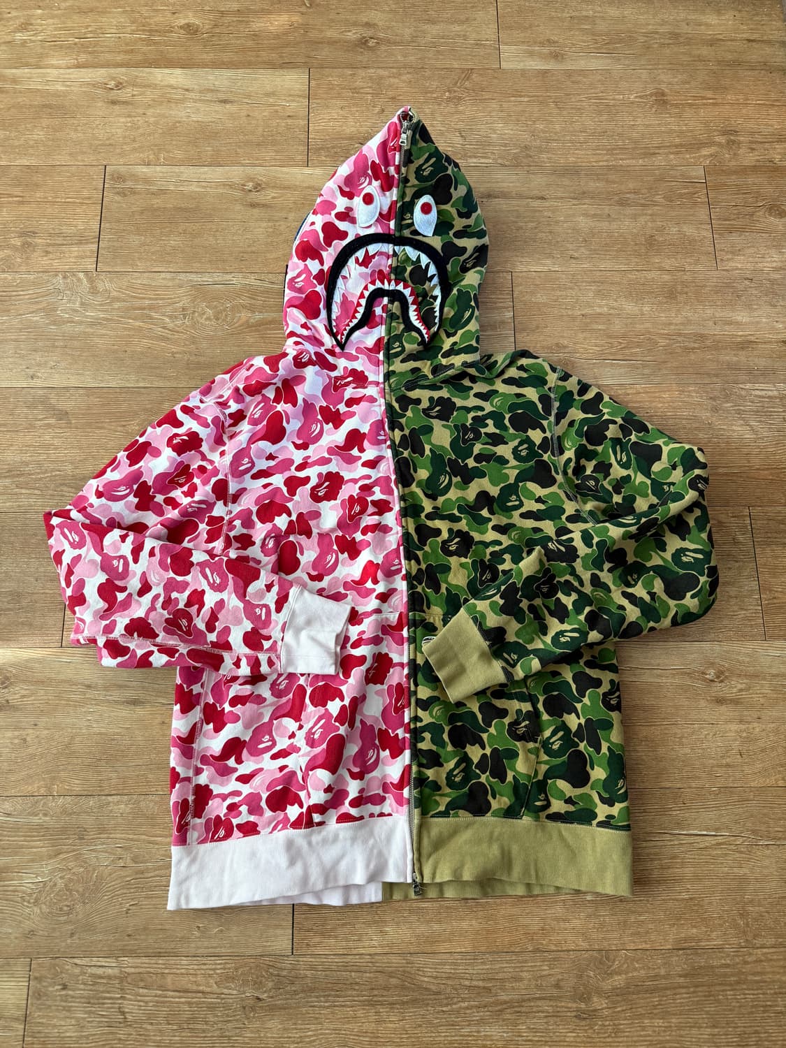 베이프 121 ABC 카모 세퍼레이트 샤크 풀 집 후드 핑크 그린 상품이미지2