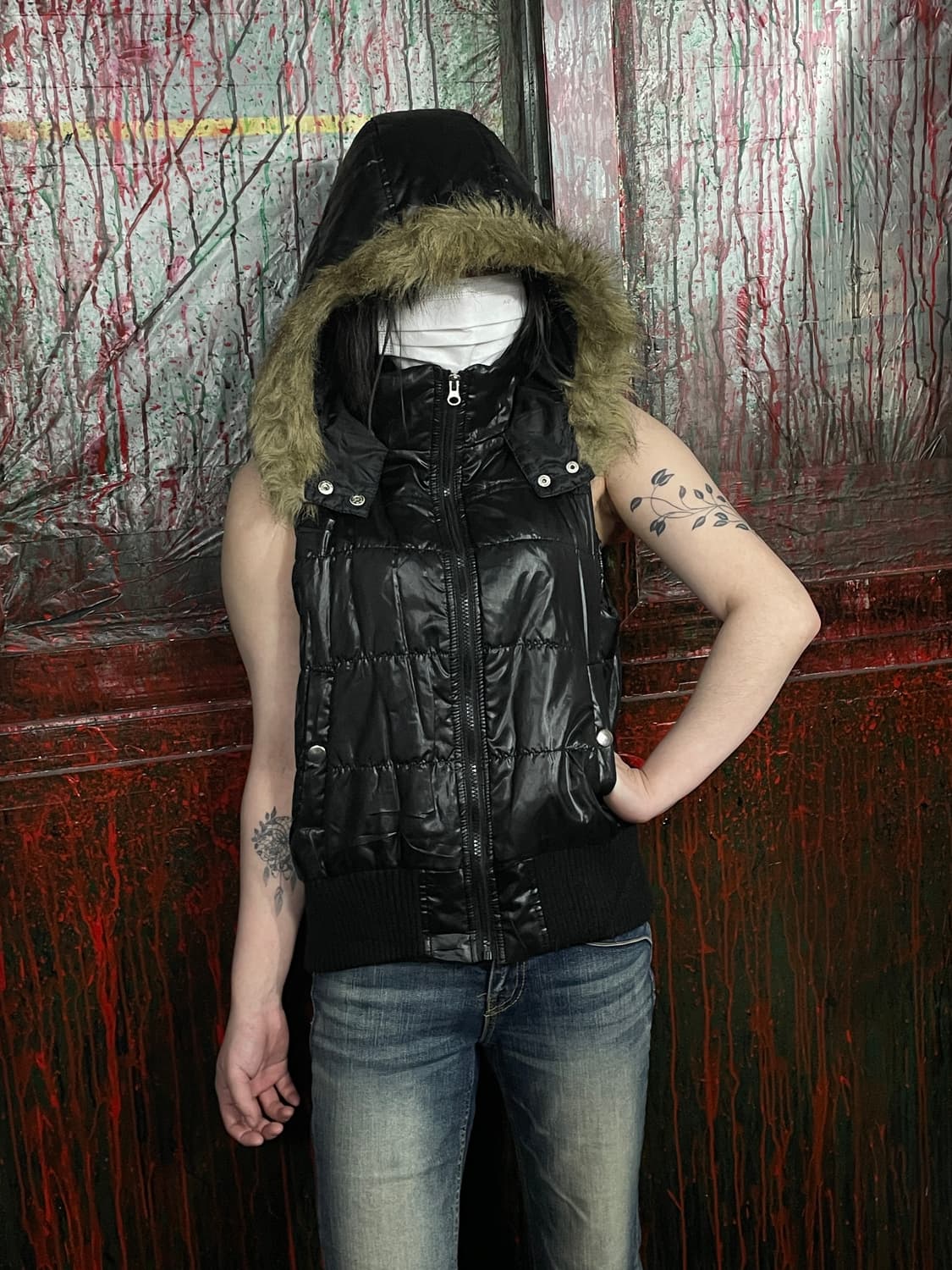 일본 빈티지 울프죠 퍼 후드 갸루 패딩조끼 베스트 L 상품이미지1