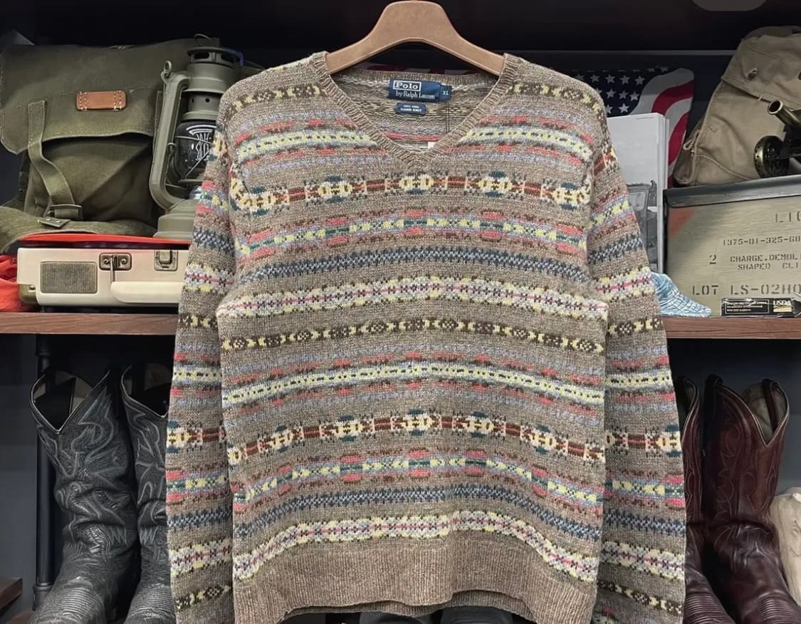90s 폴로 랄프로렌 울 핸드 니트 페어아일 노르딕브이넥 니트 스웨터 상품이미지1