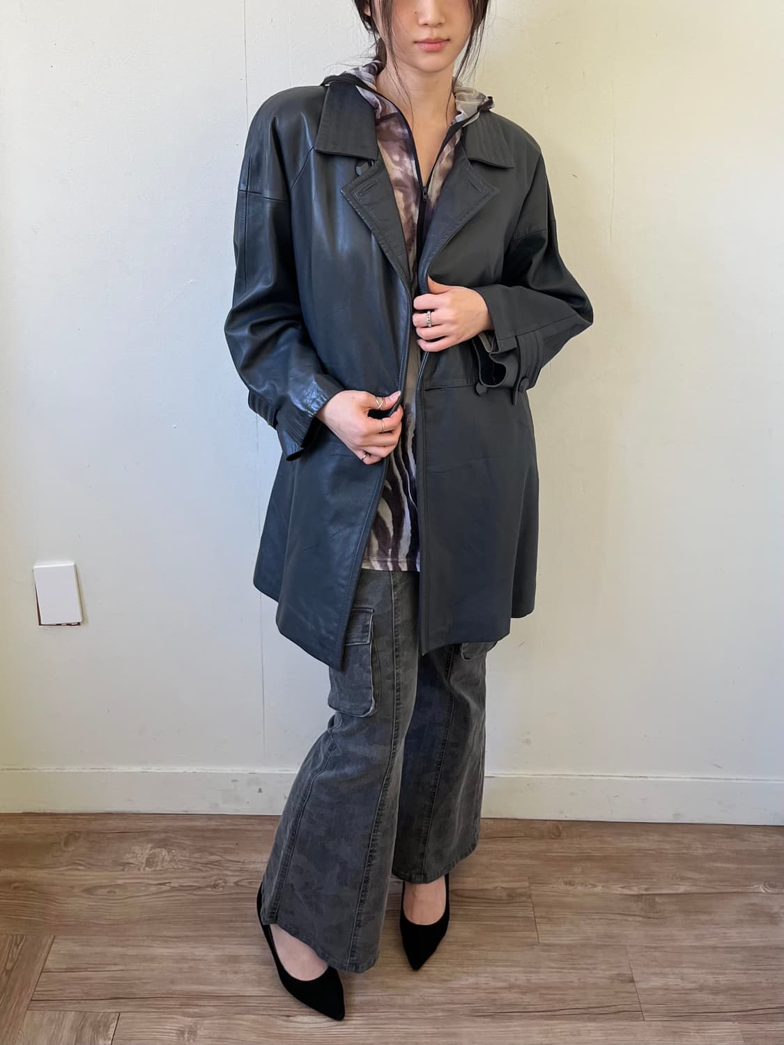 90‘s ANGEL LEATHER 스톤 네이비 레더 자켓 상품이미지8