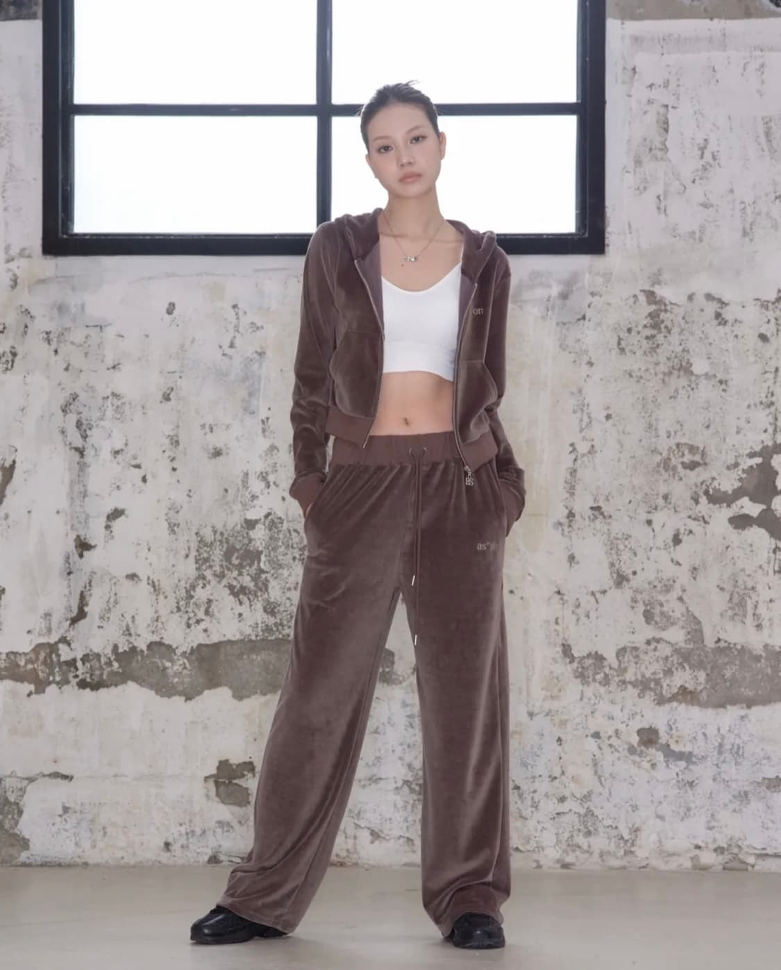 애즈온 코코 벨벳 벨루어 트레이닝 세트 셋업 후드집업 팬츠 브라운 상품이미지2