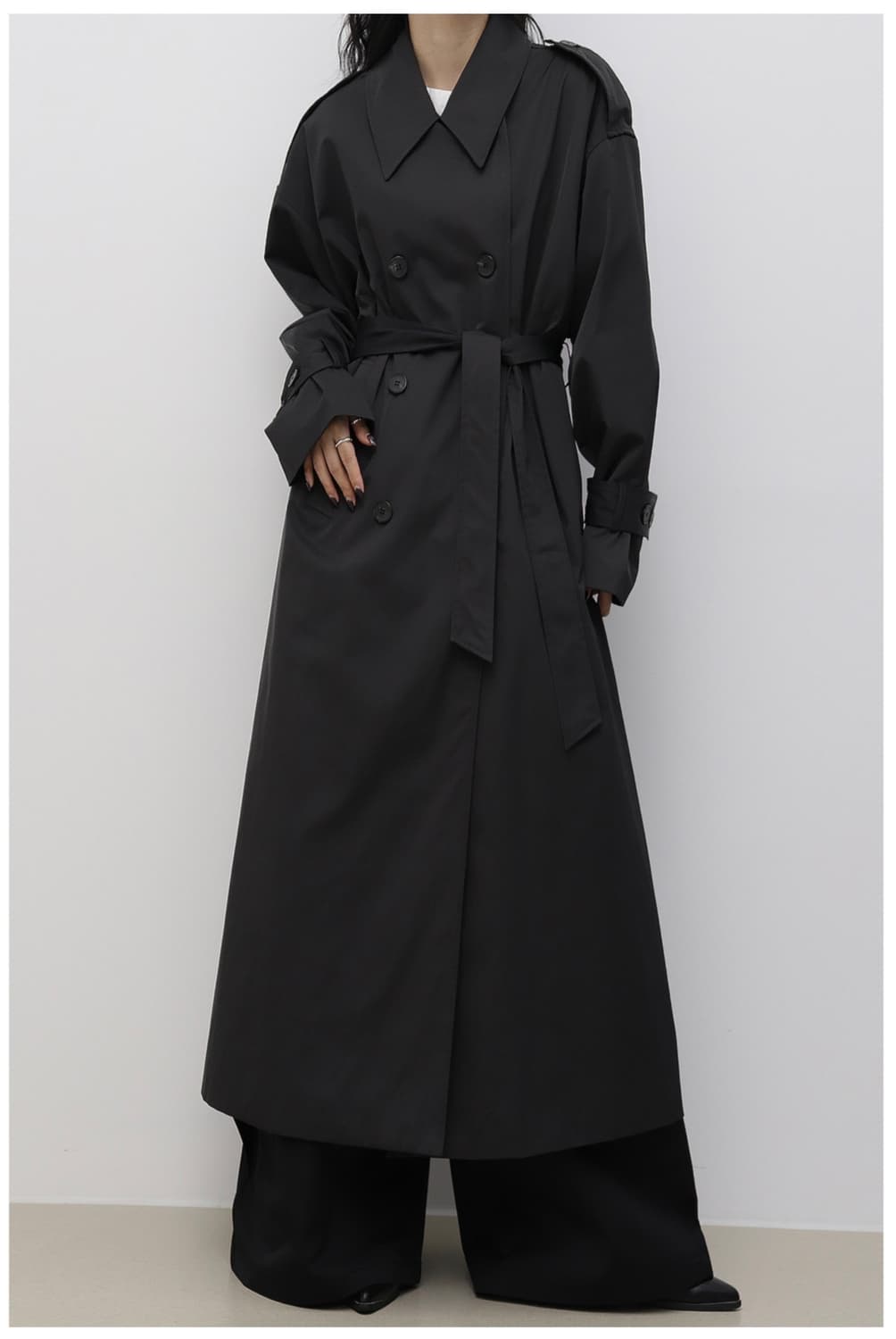 트리밍버드 더블 롱 트렌치 코트 [차콜 블랙] 상품이미지1