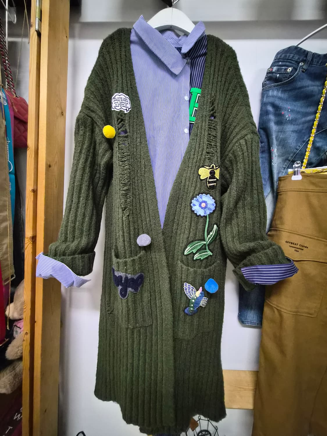 씨 골지 자수와팬 롱니트 아우터 상품이미지1