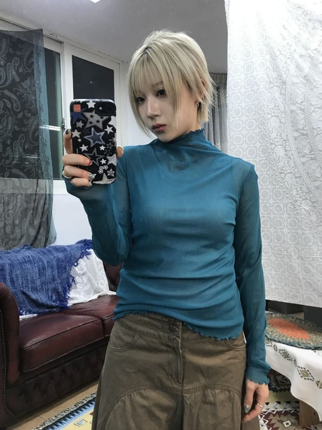 빈티지 여성 아쿠아블루 시스루 롱슬리브 상품이미지1