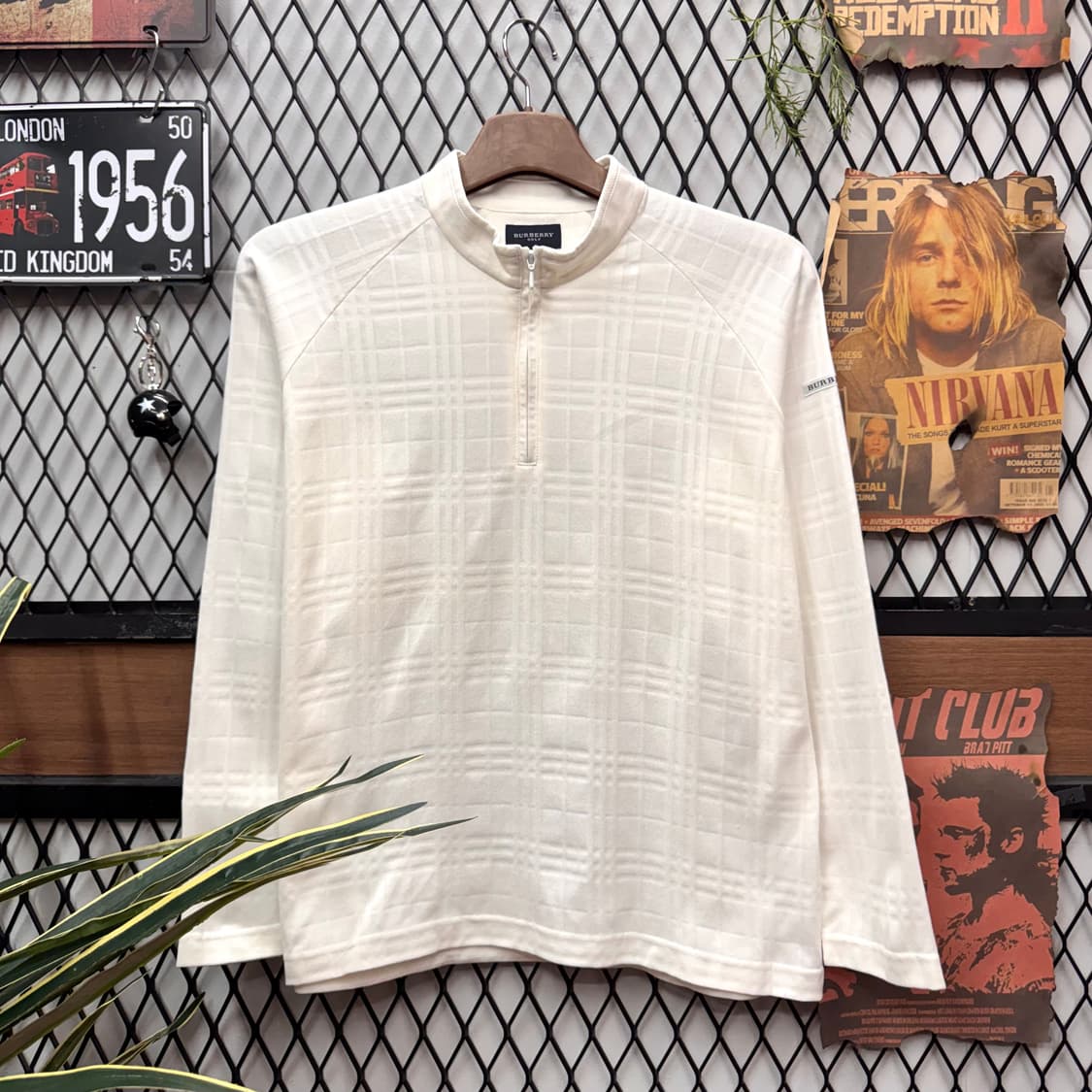 00s 버버리 골프 하프 집업 티셔츠 체크 패턴 포인트 화이트 상품이미지1