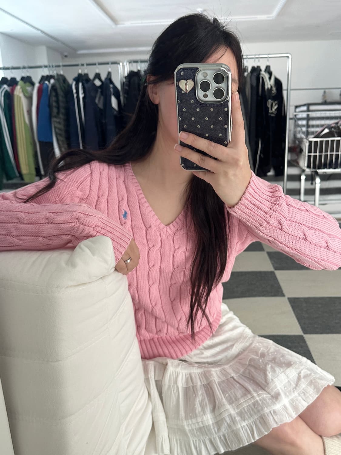 폴로 랄프로렌 연핑크 V넥 피마코튼 케이블 니트  상품이미지1