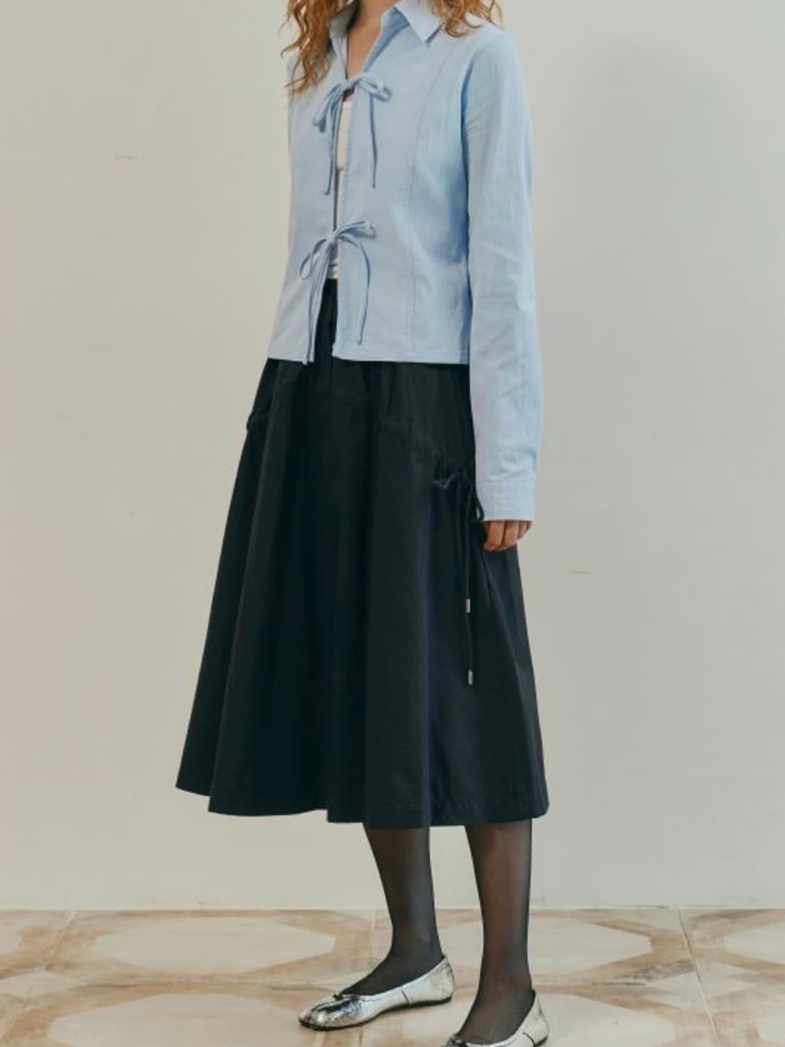 아미디 플레어 스트링 롱스커트 블랙 상품이미지1