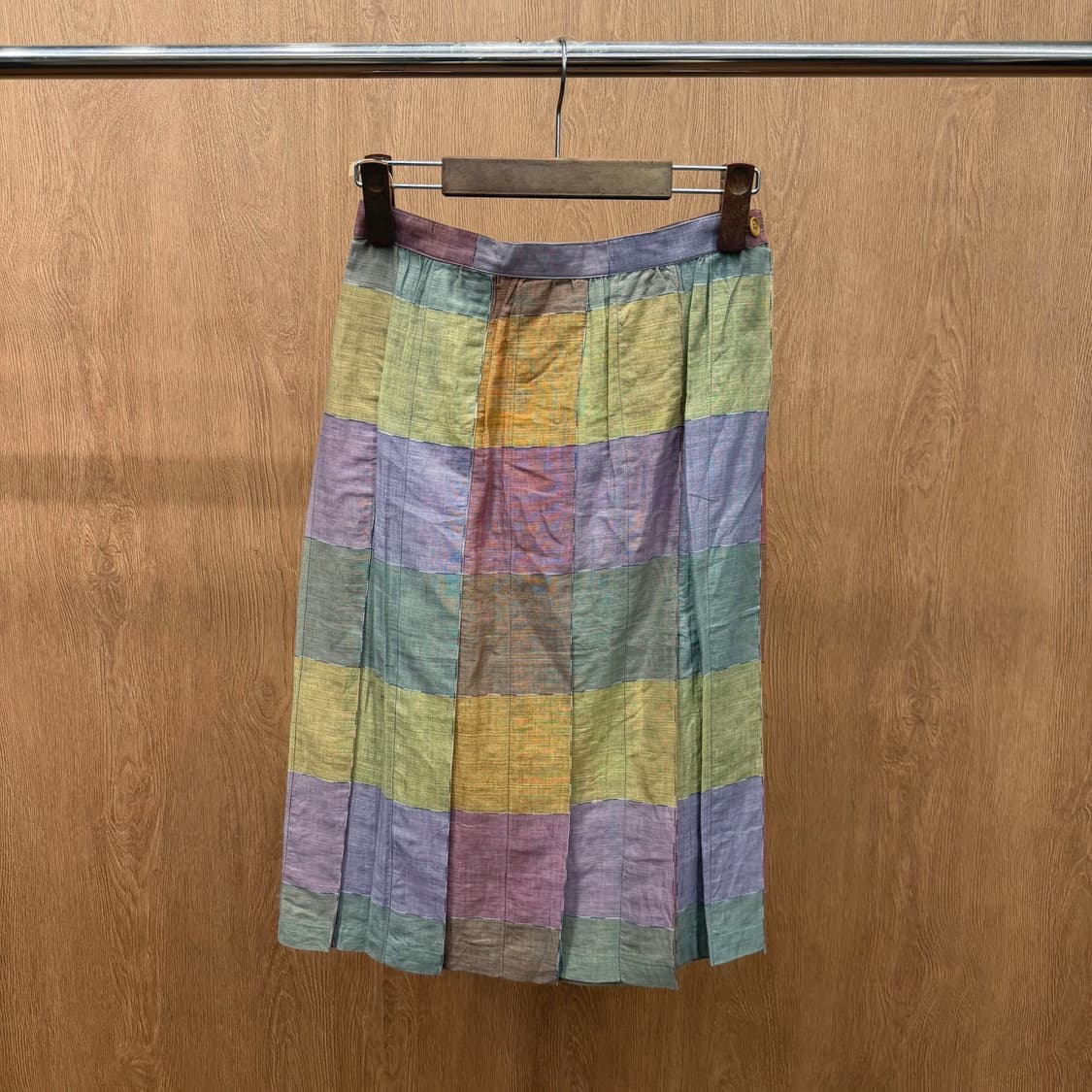 미쏘니 코튼 미디 스커트 패치워크 체크 패턴 플리츠 배색 디테일 퍼플 상품이미지3