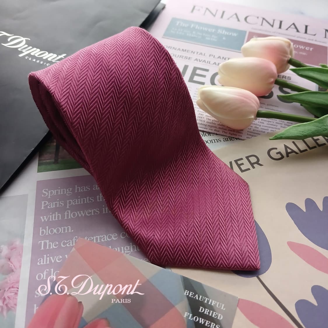 에스 티 듀퐁 실크 다크핑크 헤링본 넥타이 8.4cm A등급 A18712 상품이미지1