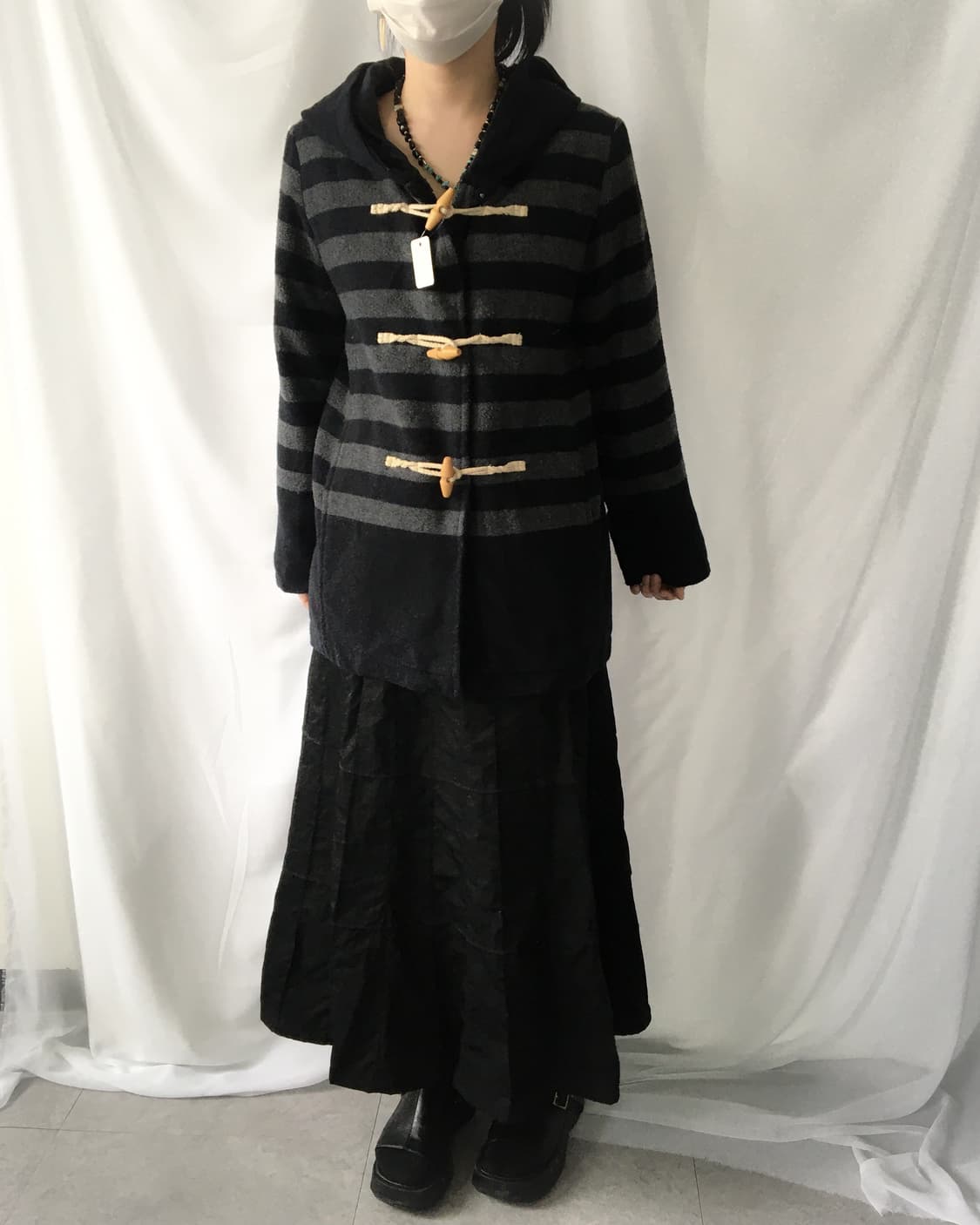 Stripe pattern duffle button hood coat 상품이미지6