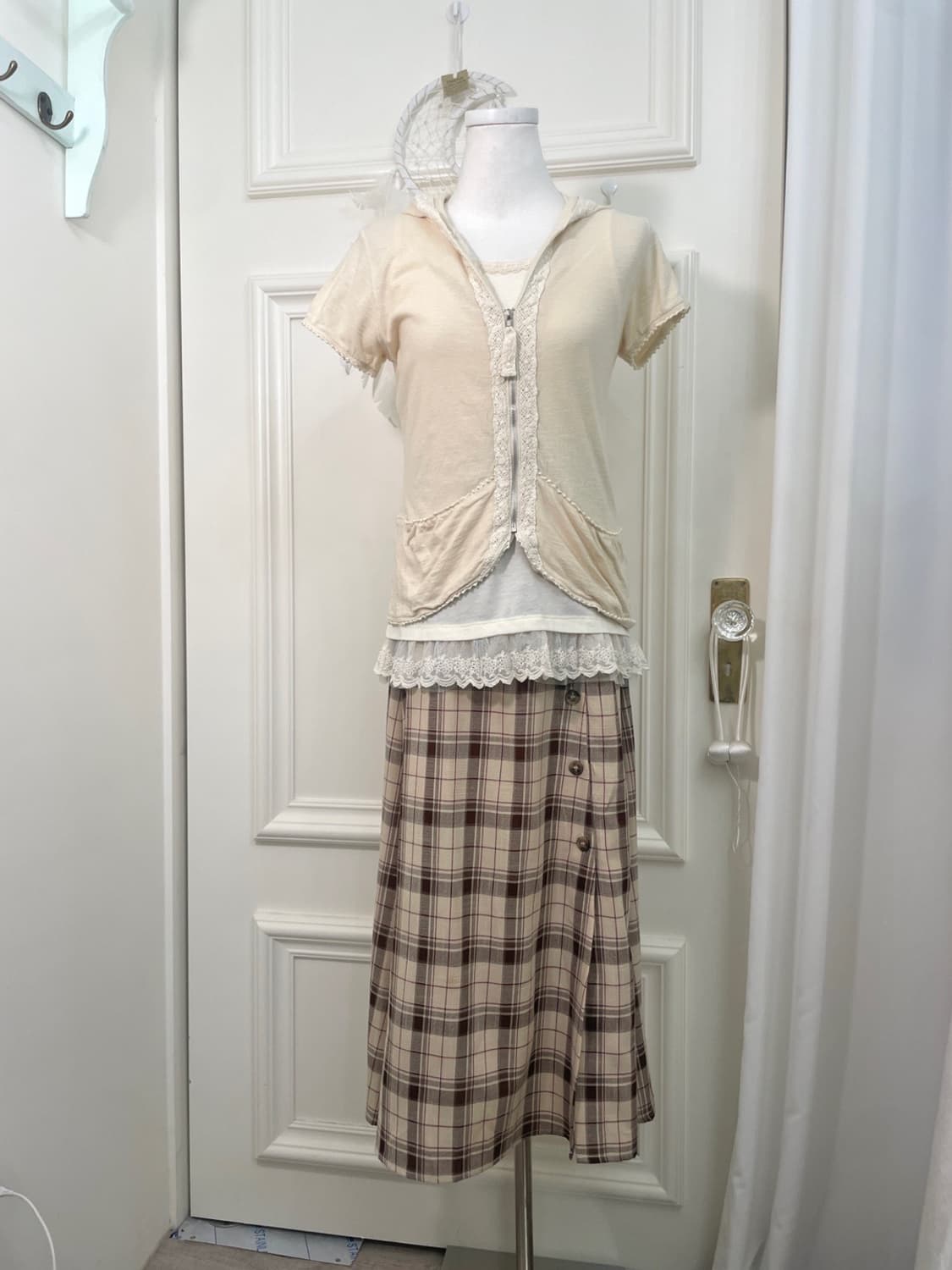 beige brown check button point long skir 상품이미지6