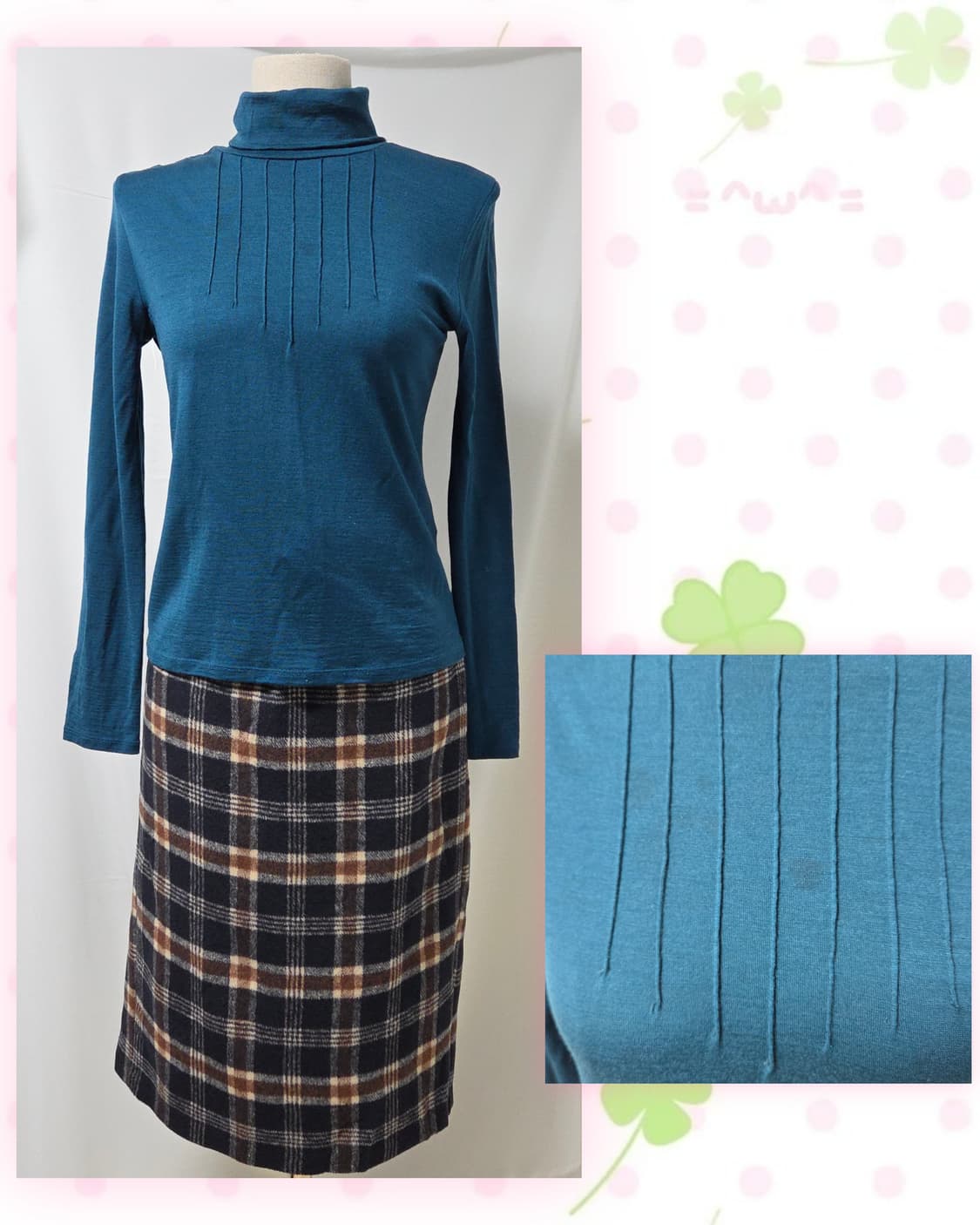 빈티지 코디 세트(청록폴라티, 회색벨벳슬리브리스, INGNI체크스커트) 상품이미지4