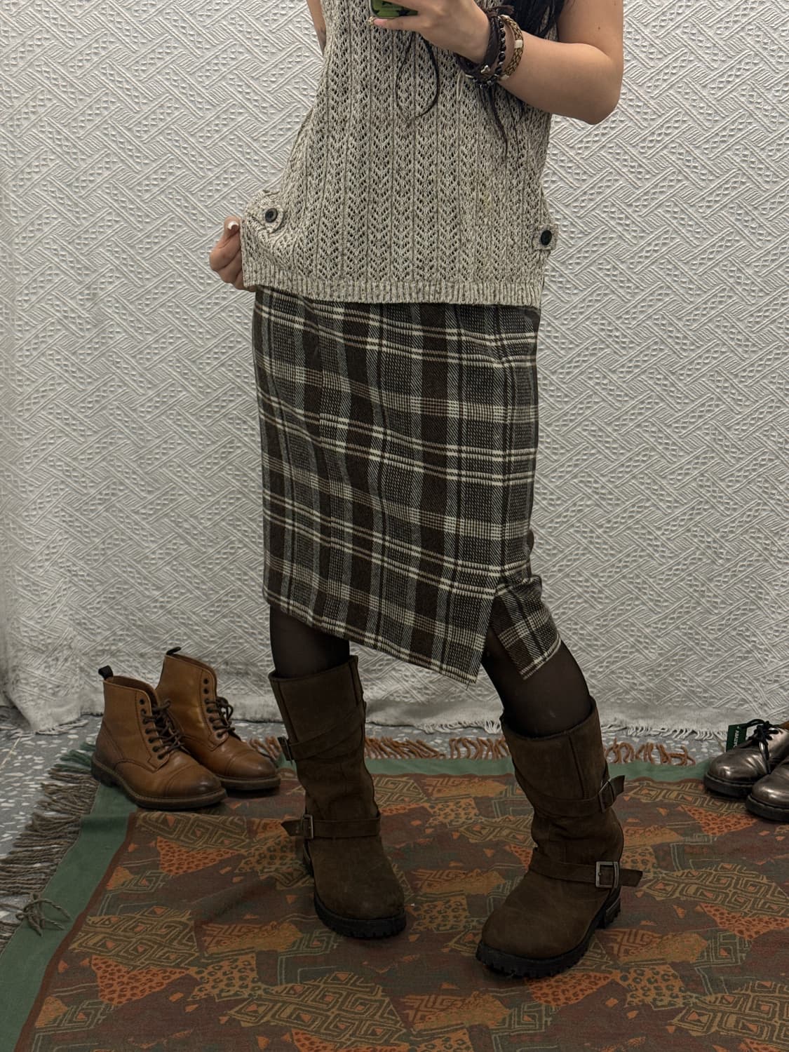 빈티지 모리걸 헤링본 체크 일자핏 미디스커트 K0147 상품이미지1