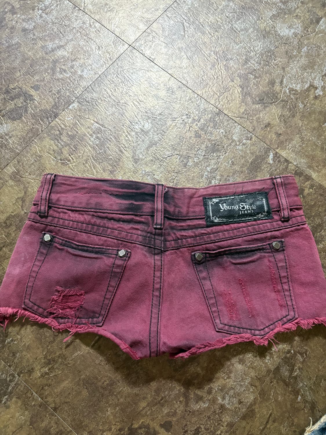 빈티지 핑크 블랙 스터드 스머징 팬츠 반바지 갸루 상품이미지2