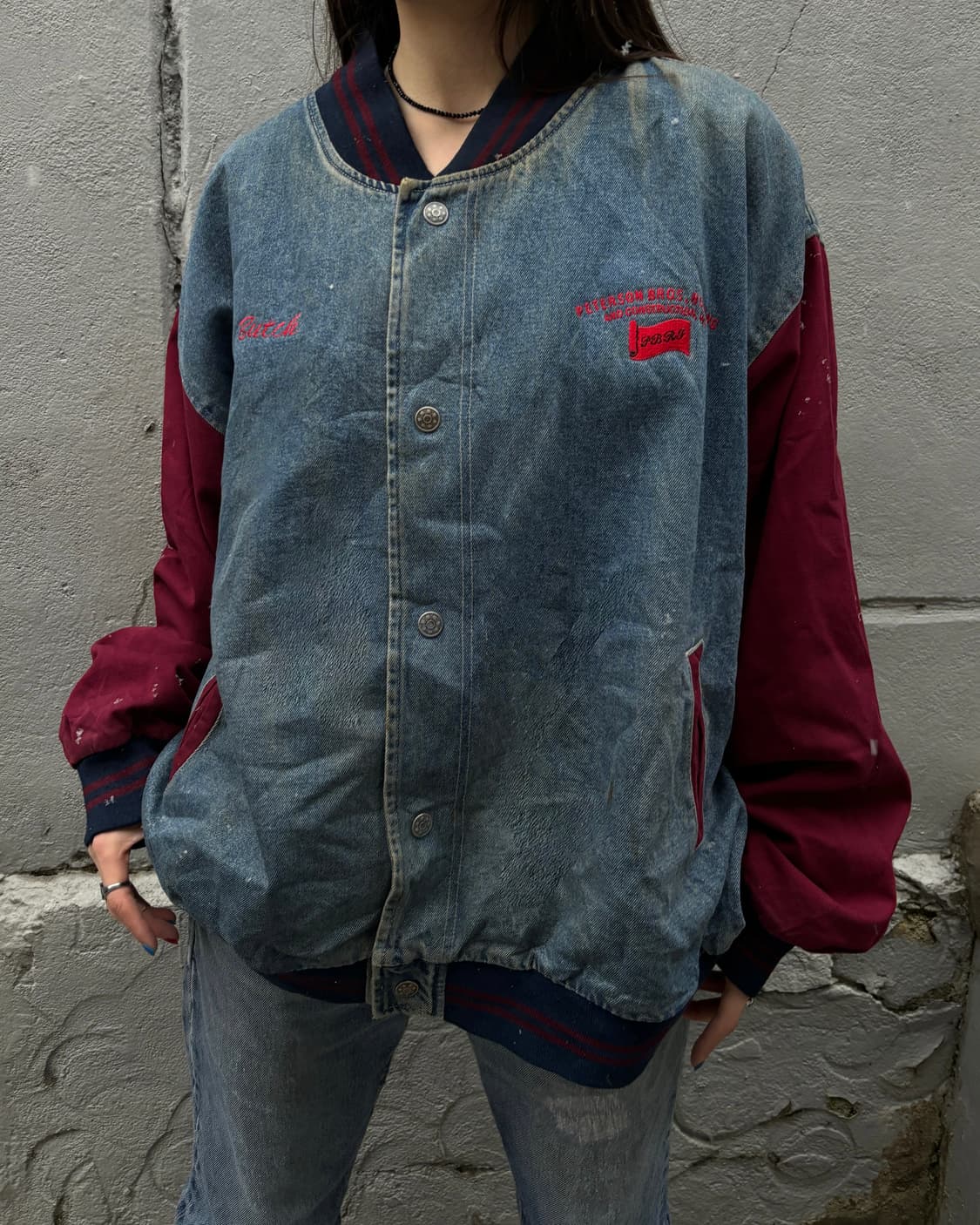 90s vintage Denim burgundy varsity Jk 상품이미지2