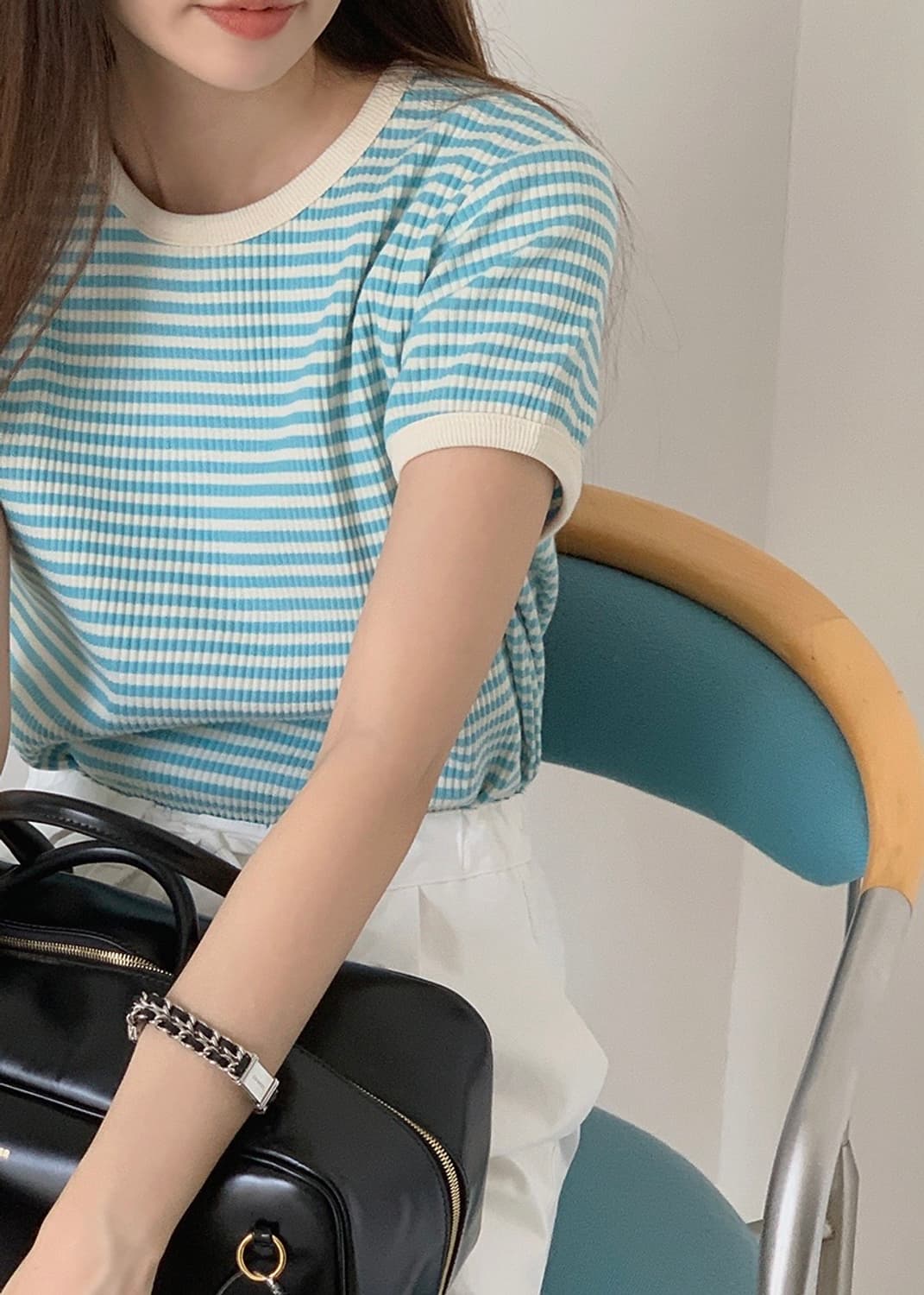 메이비베이비 Capri 티셔츠 스카이블루 반팔 스트라이프 링거티 카프리 상품이미지3