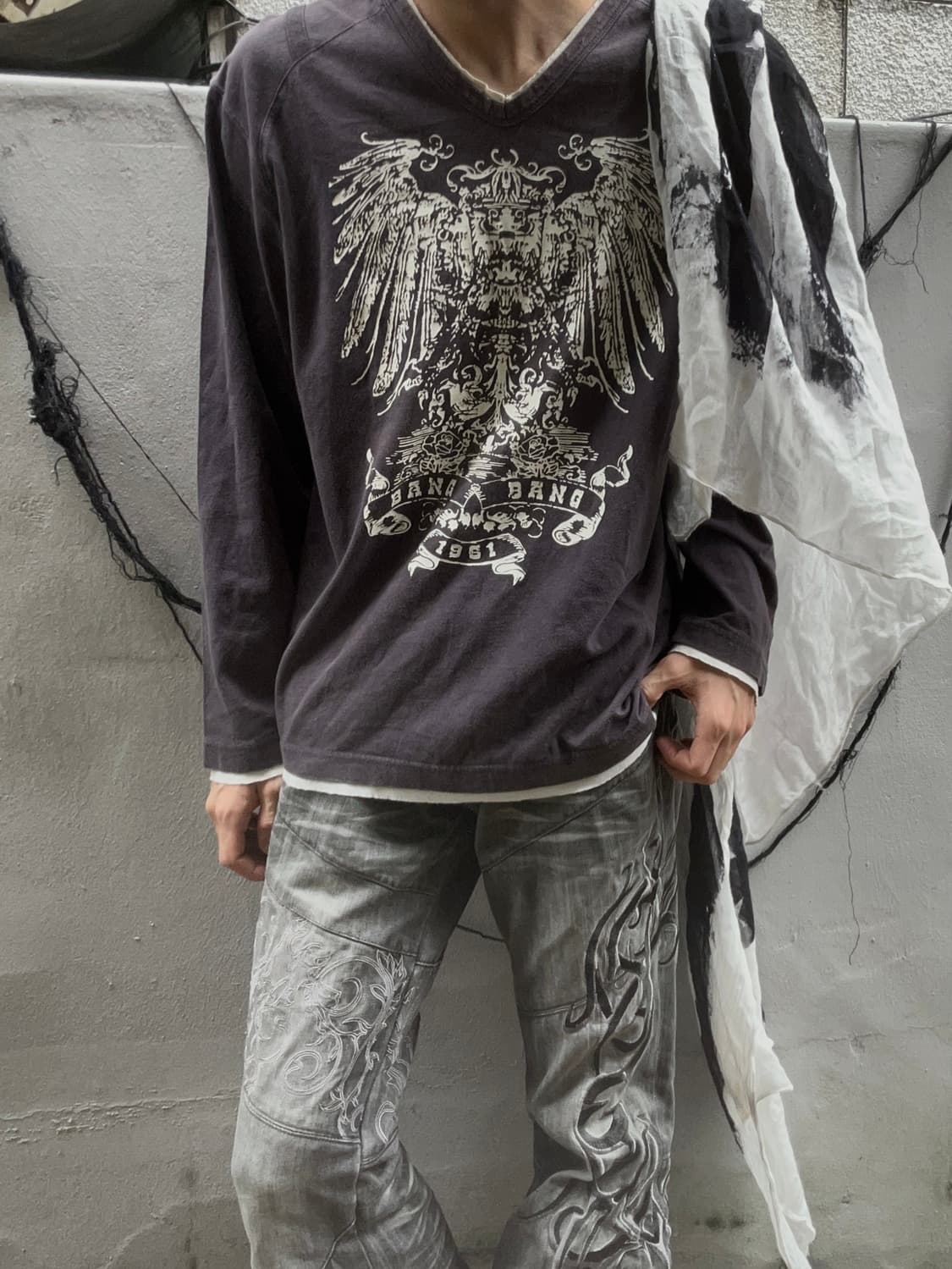 Vtg 00s bangbang 윙 프린팅 그런지 챠콜 롱슬리브 상품이미지1