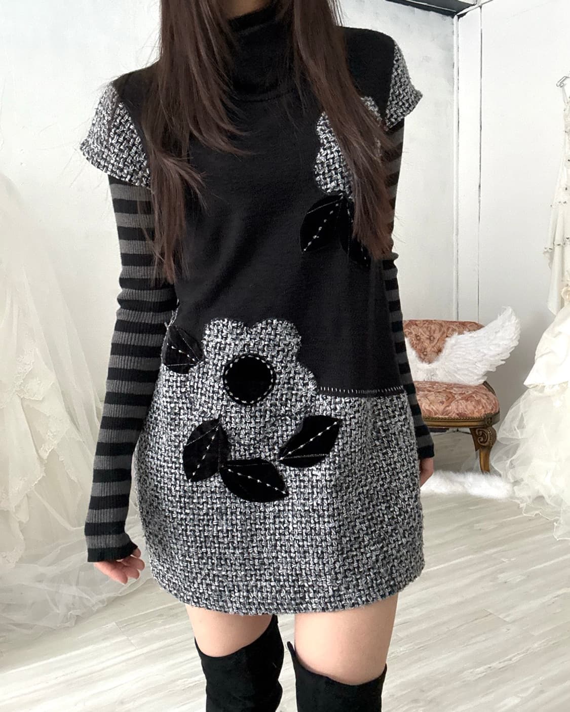 Nerd feminine black flower point dress 상품이미지2
