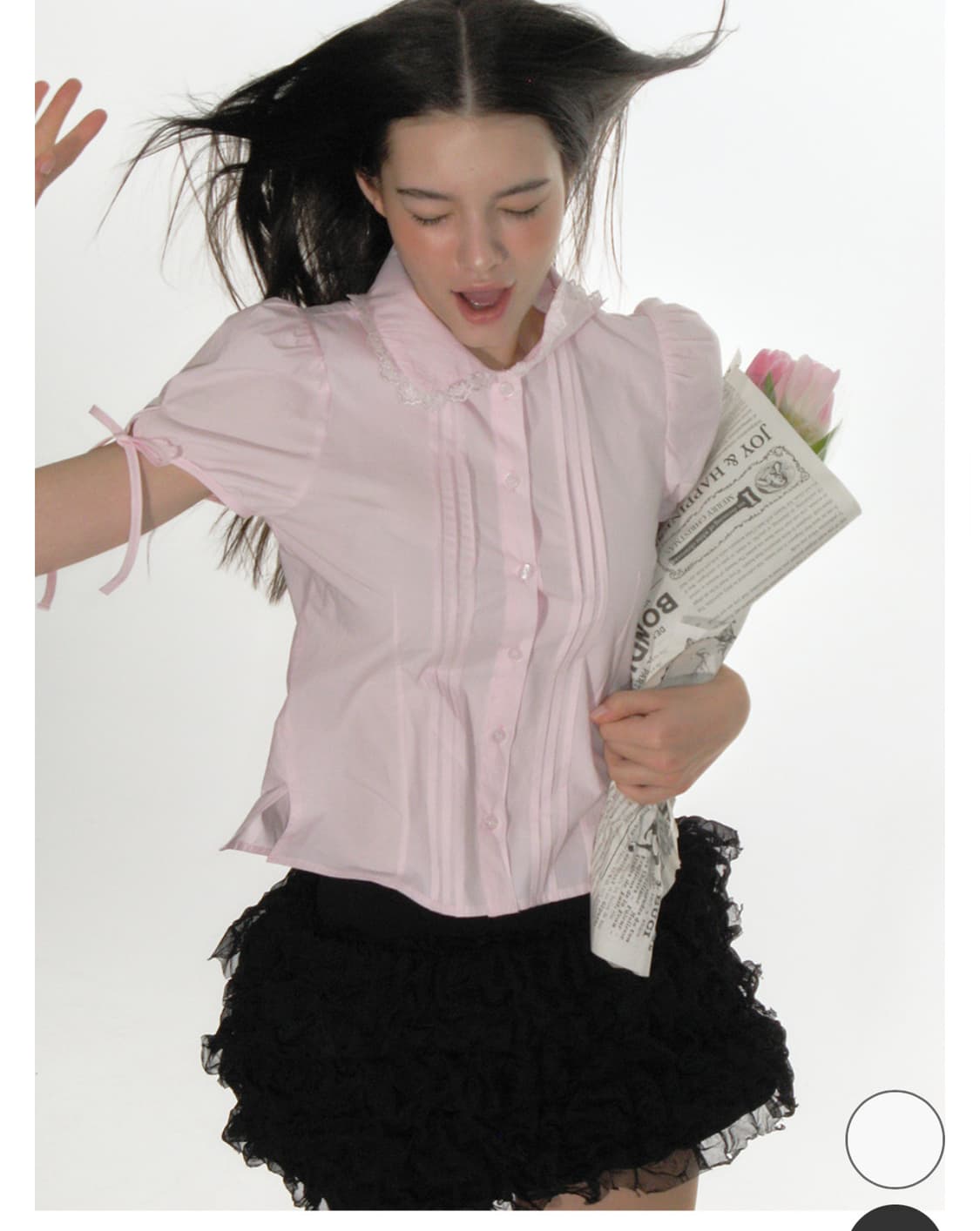 크랭크 핀턱 레이스 카라 블라우스 핑크 상품이미지1