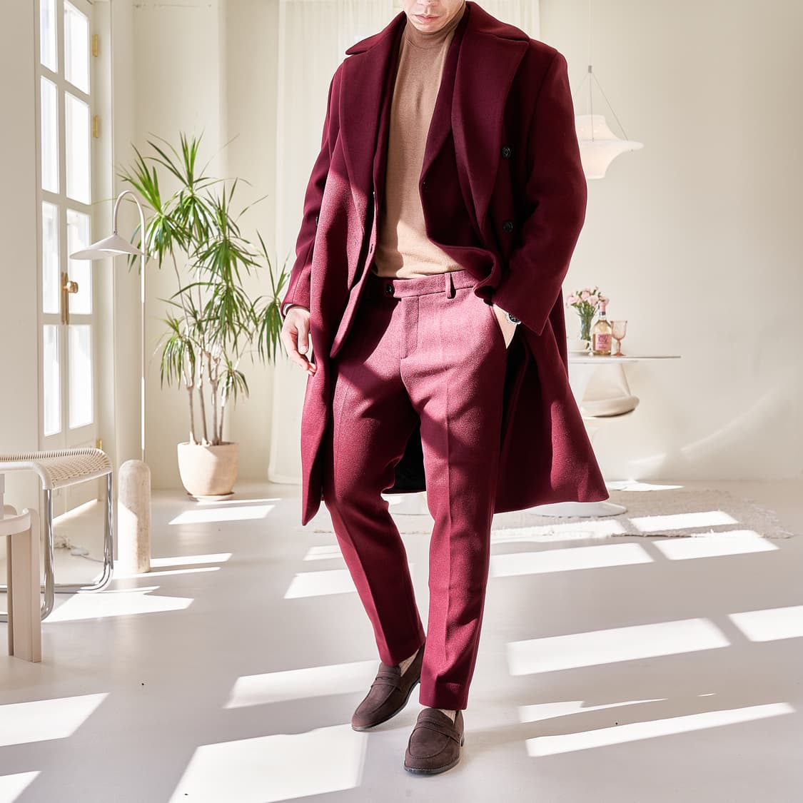 남자 세미오버핏 울 더블 브레스티드 롱 코트 (버건디) 105(XL) 상품이미지4