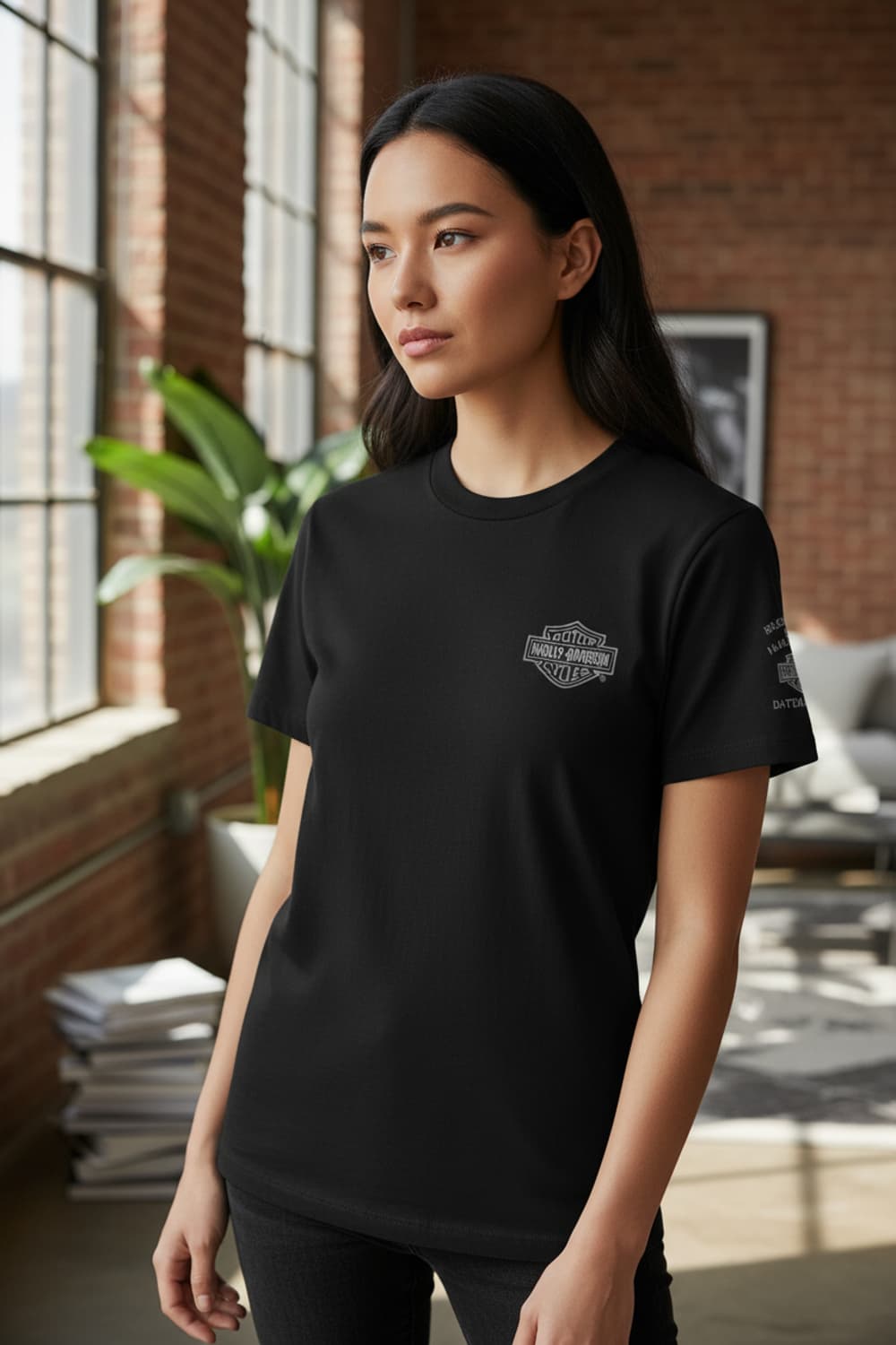 [S] 할리데이비슨 미니 자수 로고 반팔 티셔츠 블랙 캐주얼 베이직 상품이미지2