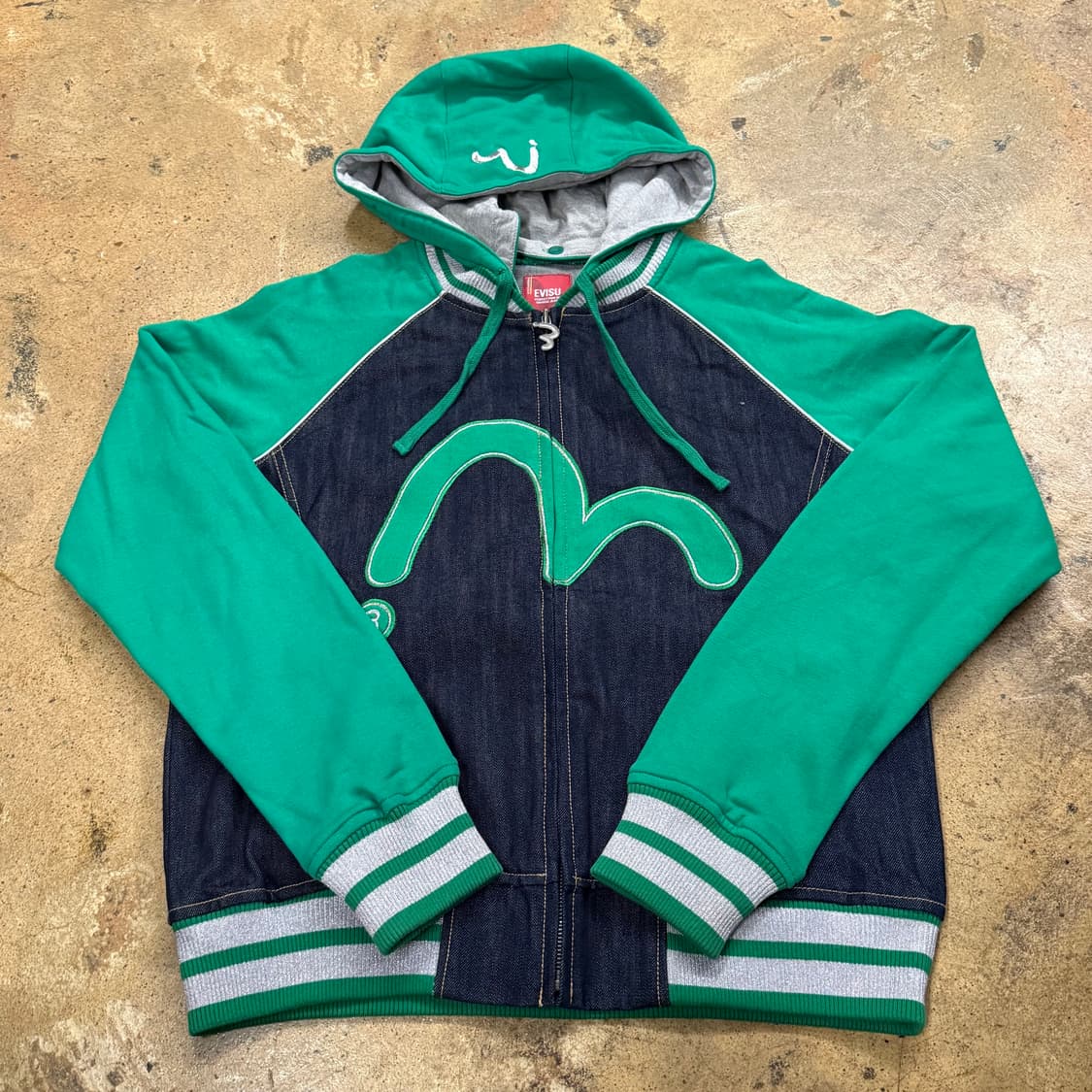 에비수 올드스쿨 배색 그린 데님 바시티 자켓 상품이미지2