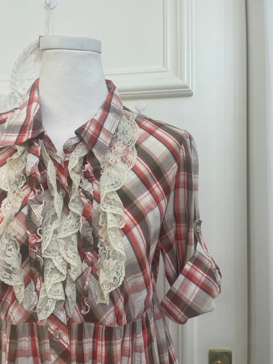 red brown check roll-up lace point midi 상품이미지8
