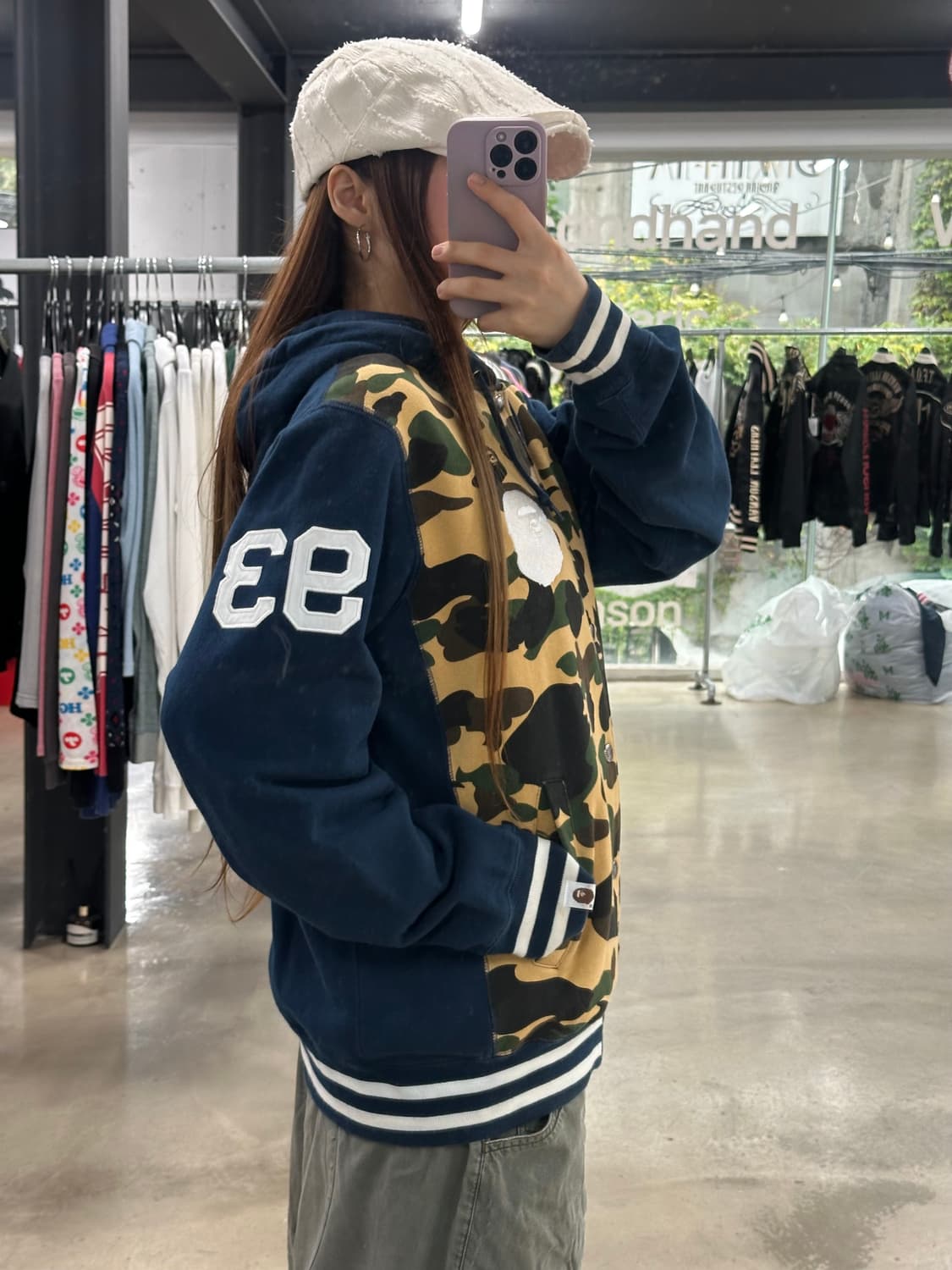 베이프 화이트사루 황계카모블루 넘버 바시티자켓 상품이미지4