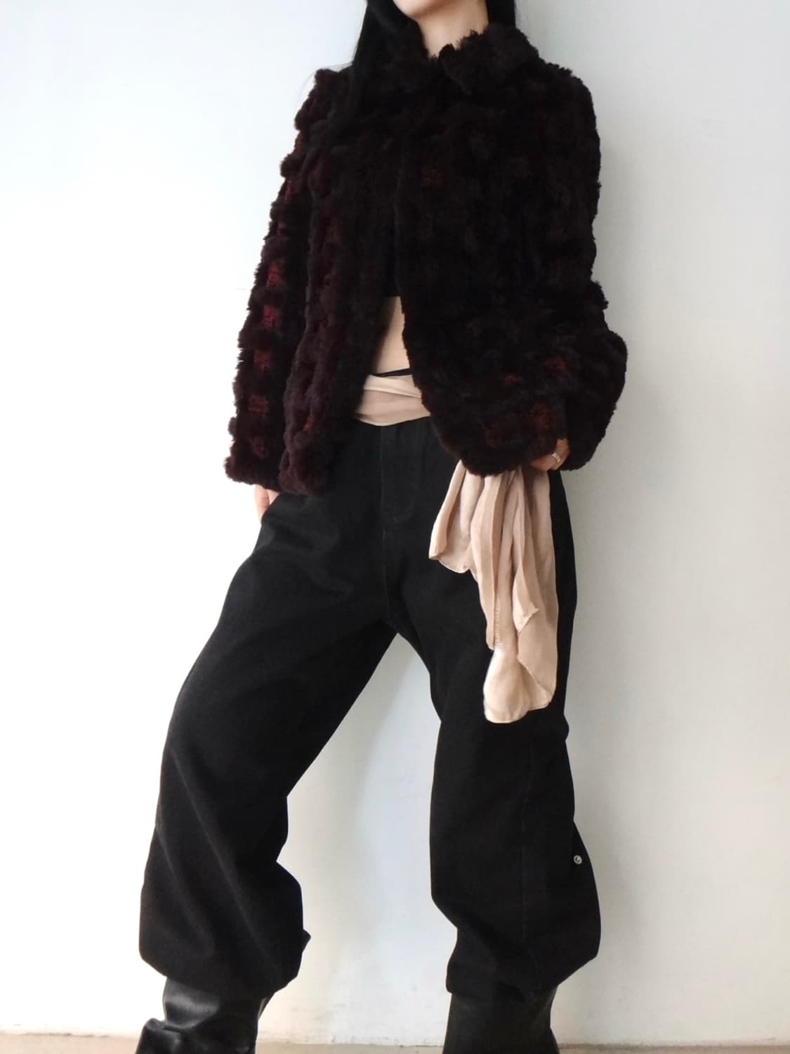 Grid fur mix jacket / burgundy 상품이미지5