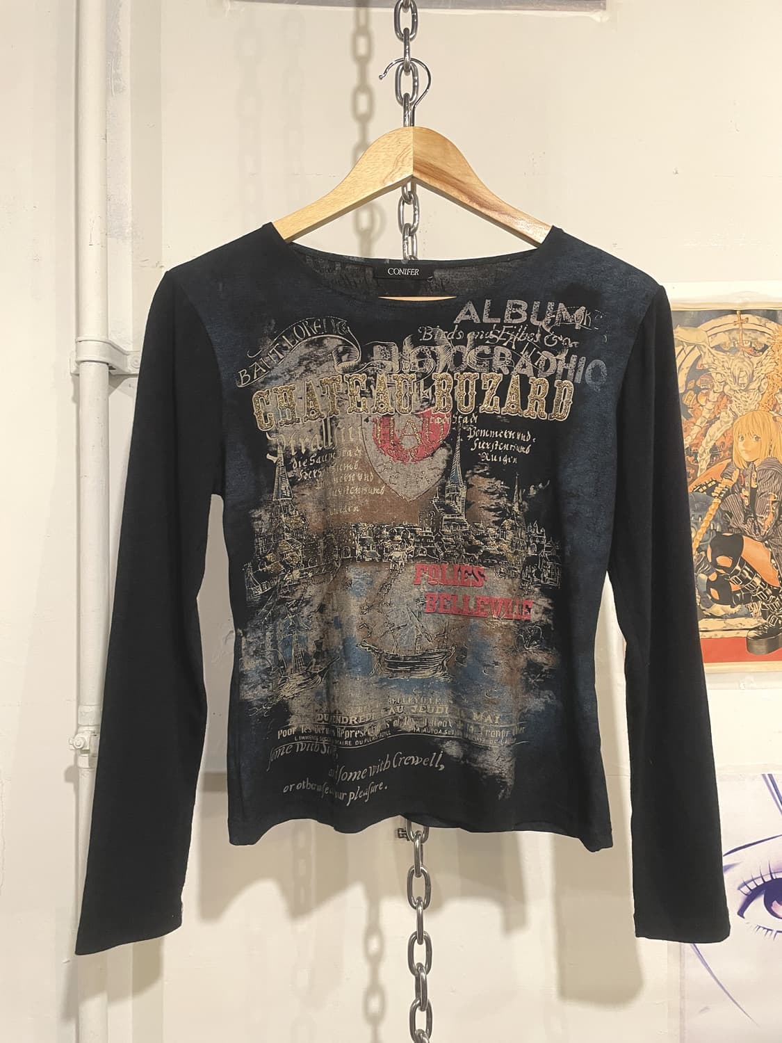 빈티지 골드 레터링 프린트 네이비 블랙 롱슬리브 상품이미지1