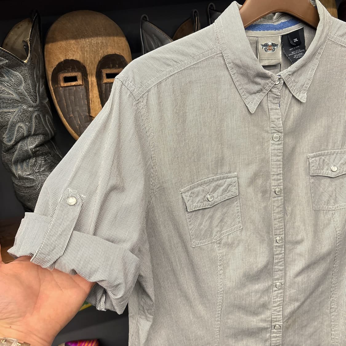 00s 할리데이비슨 우먼스 Y2K 비즈 레터링 1903 롤업셔츠 N120 상품이미지5