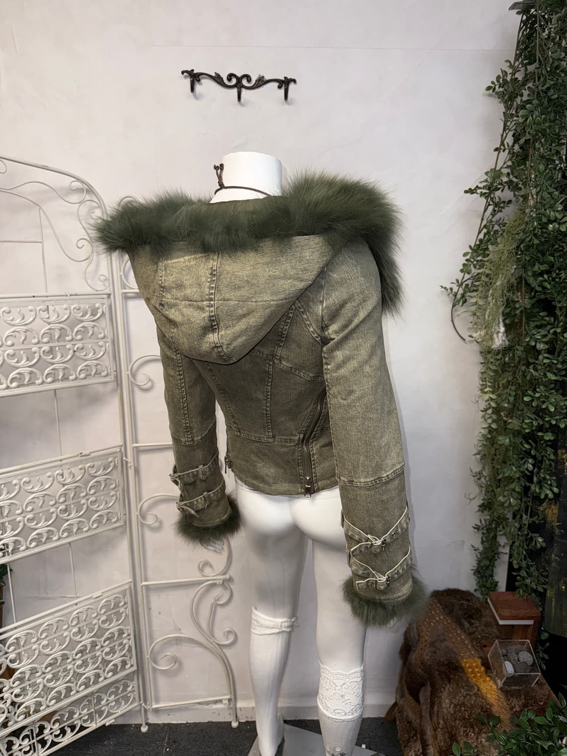 Khaki denim zipper buckle fur hood jk 상품이미지6