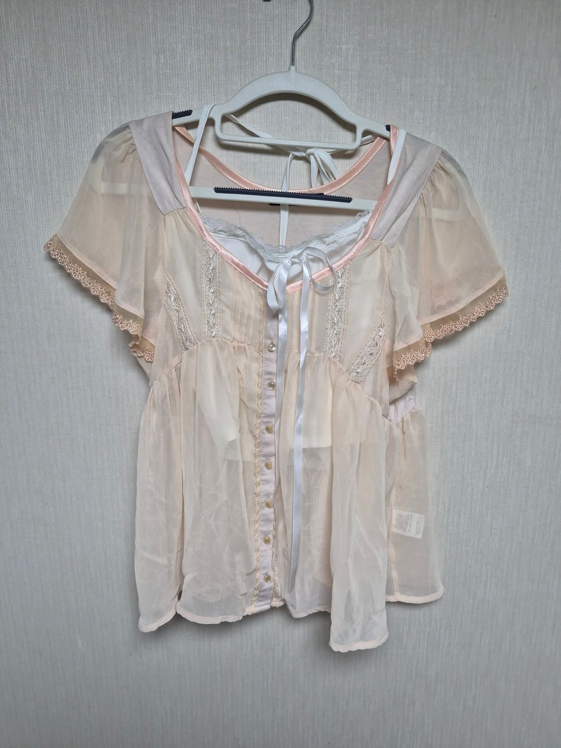 빈티지 모리걸 러블리 핑크 시스루 레이스 블라우스 상품이미지2