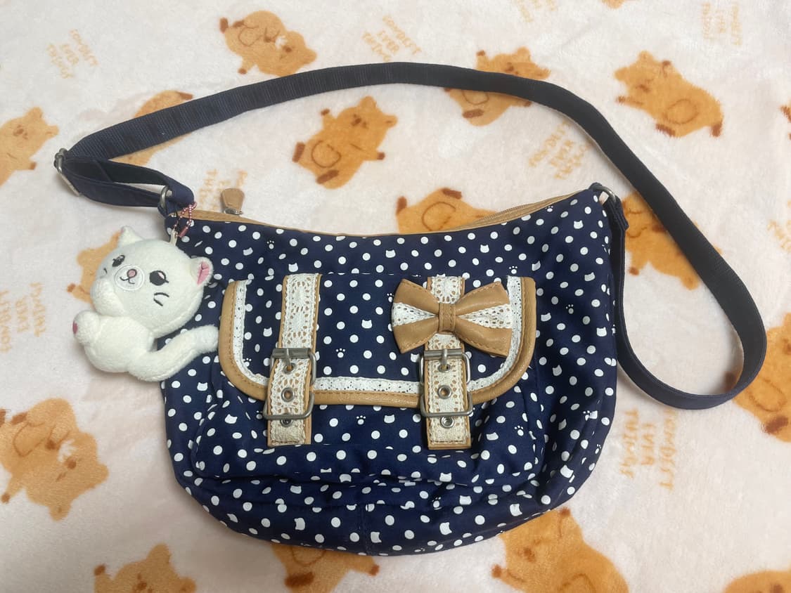 모리걸 빈티지 고양이 패턴 리본 레이스 크로스백 🐱💙🎀 상품이미지1