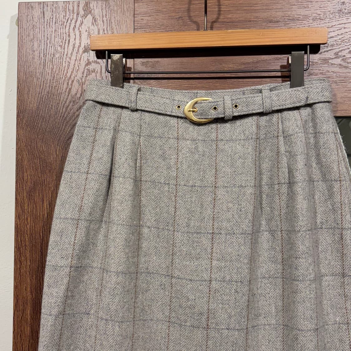 일본 빈티지 그레이 체크 벨티드 울 미디 스커트 상품이미지3