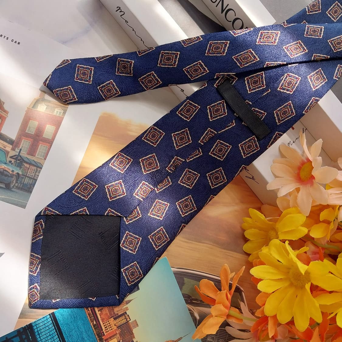 던힐 실크 네이비 기하 패턴 넥타이 9.1cm A등급 K2600 상품이미지4