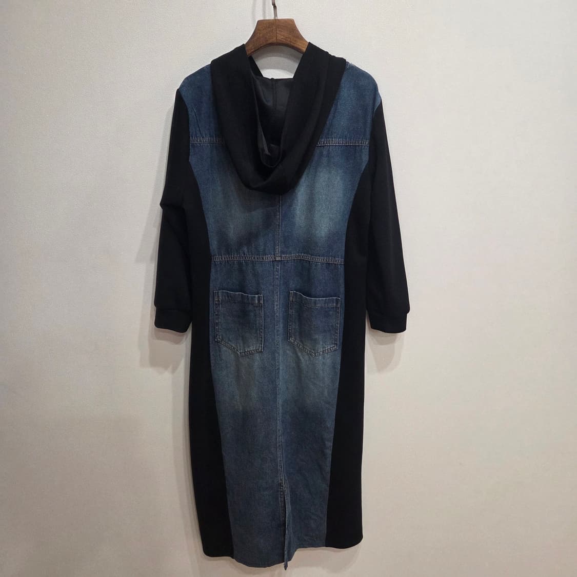 데님 블랙 배색 후드 롱 원피스 XL 상품이미지6