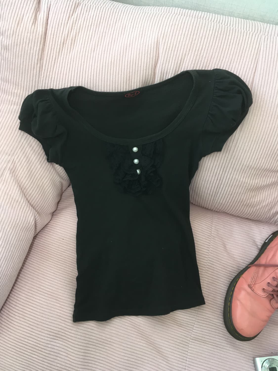 일본빈티지 로걀 레이스 퍼프 딱붙 반팔 상품이미지4